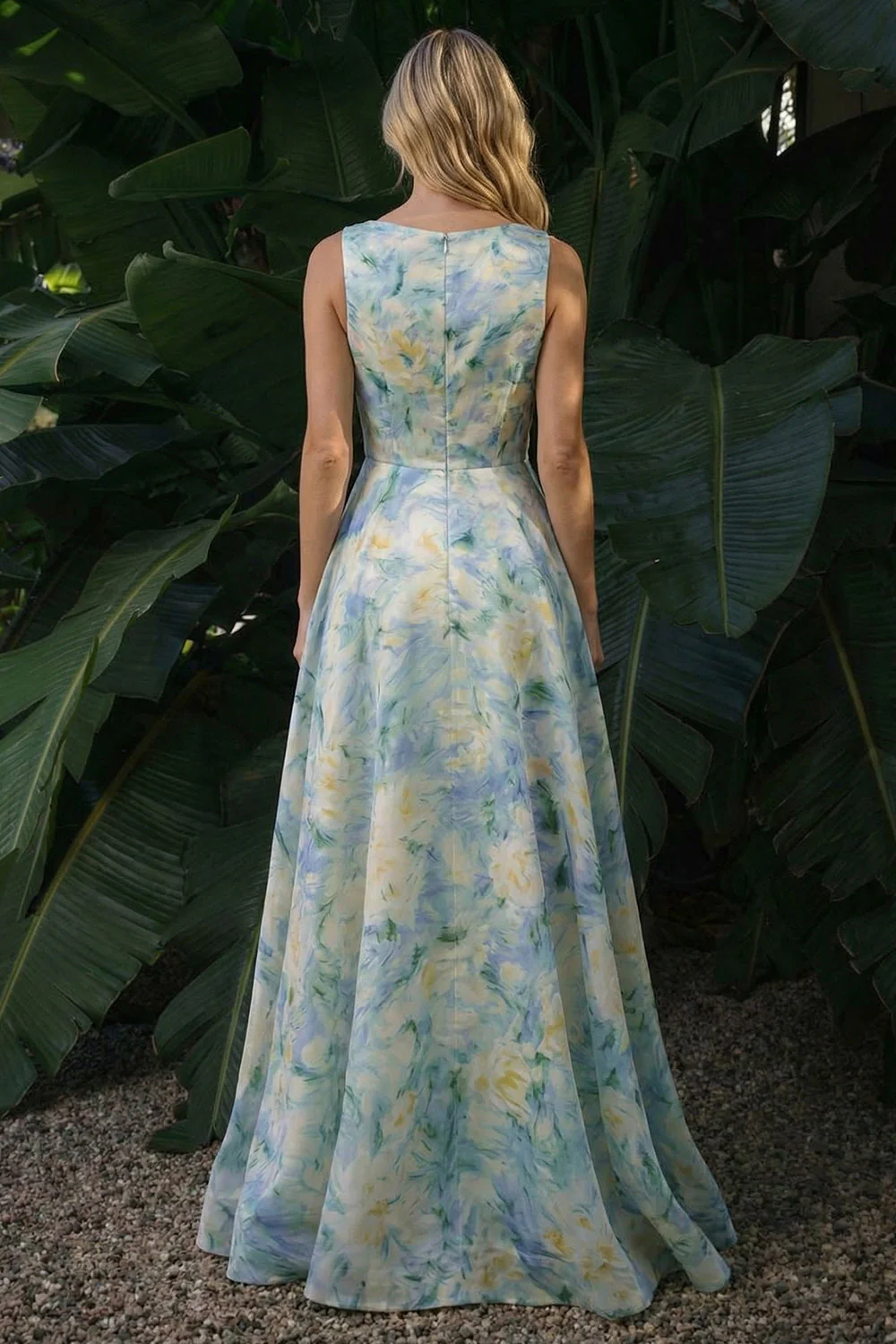 Light Green A Line Boat Neck Long Floral Dress - Image 2