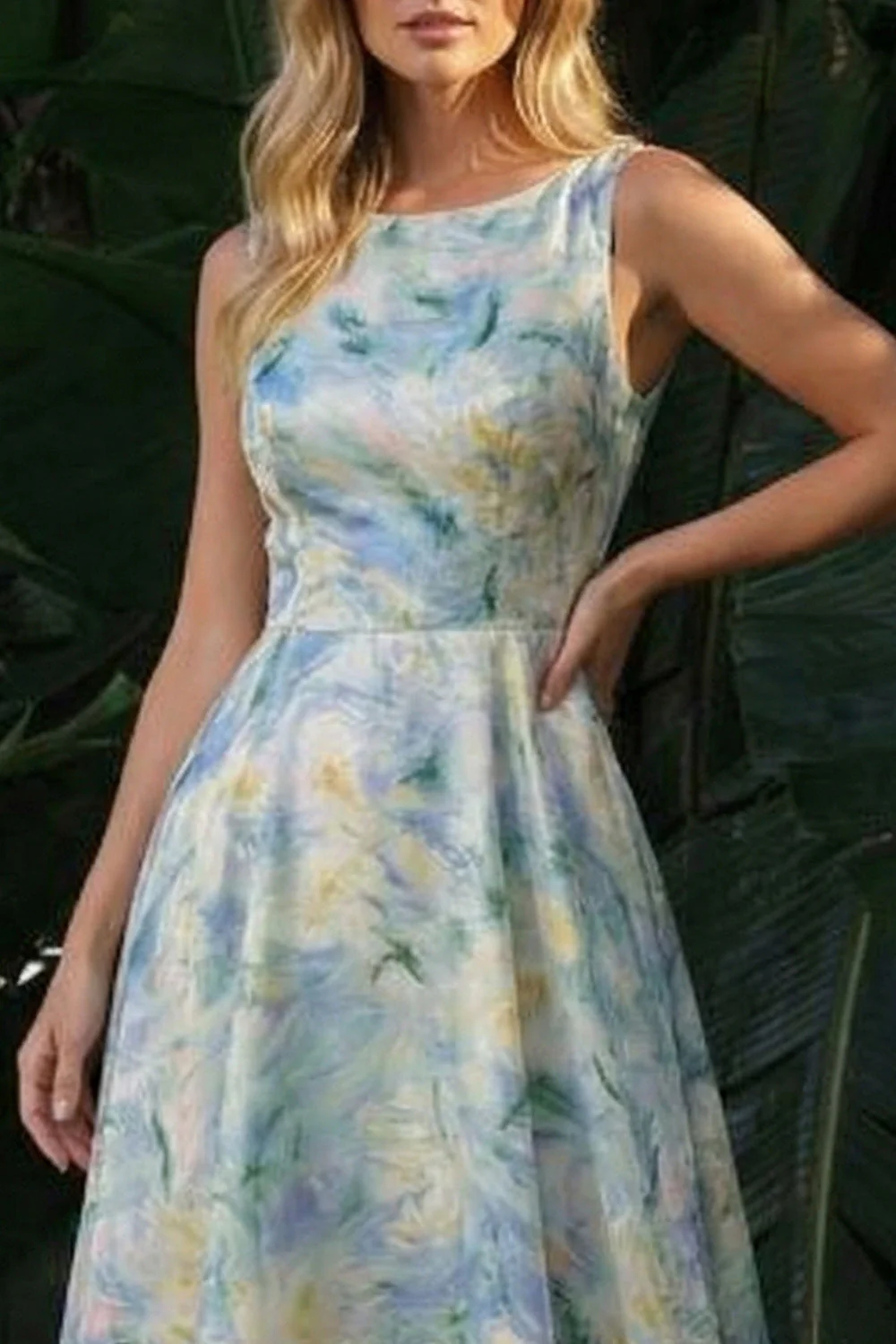 Light Green A Line Boat Neck Long Floral Dress - Image 3