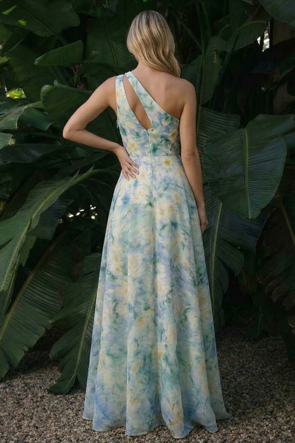 Light Green One Shoulder A Line Cut Out Long Floral Dress with Slit - Image 2