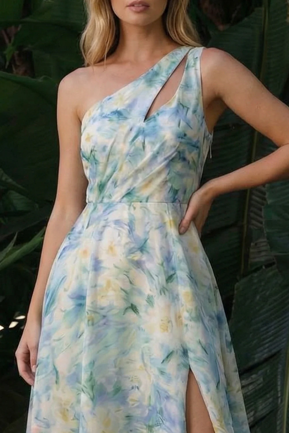Light Green One Shoulder A Line Cut Out Long Floral Dress with Slit - Image 3