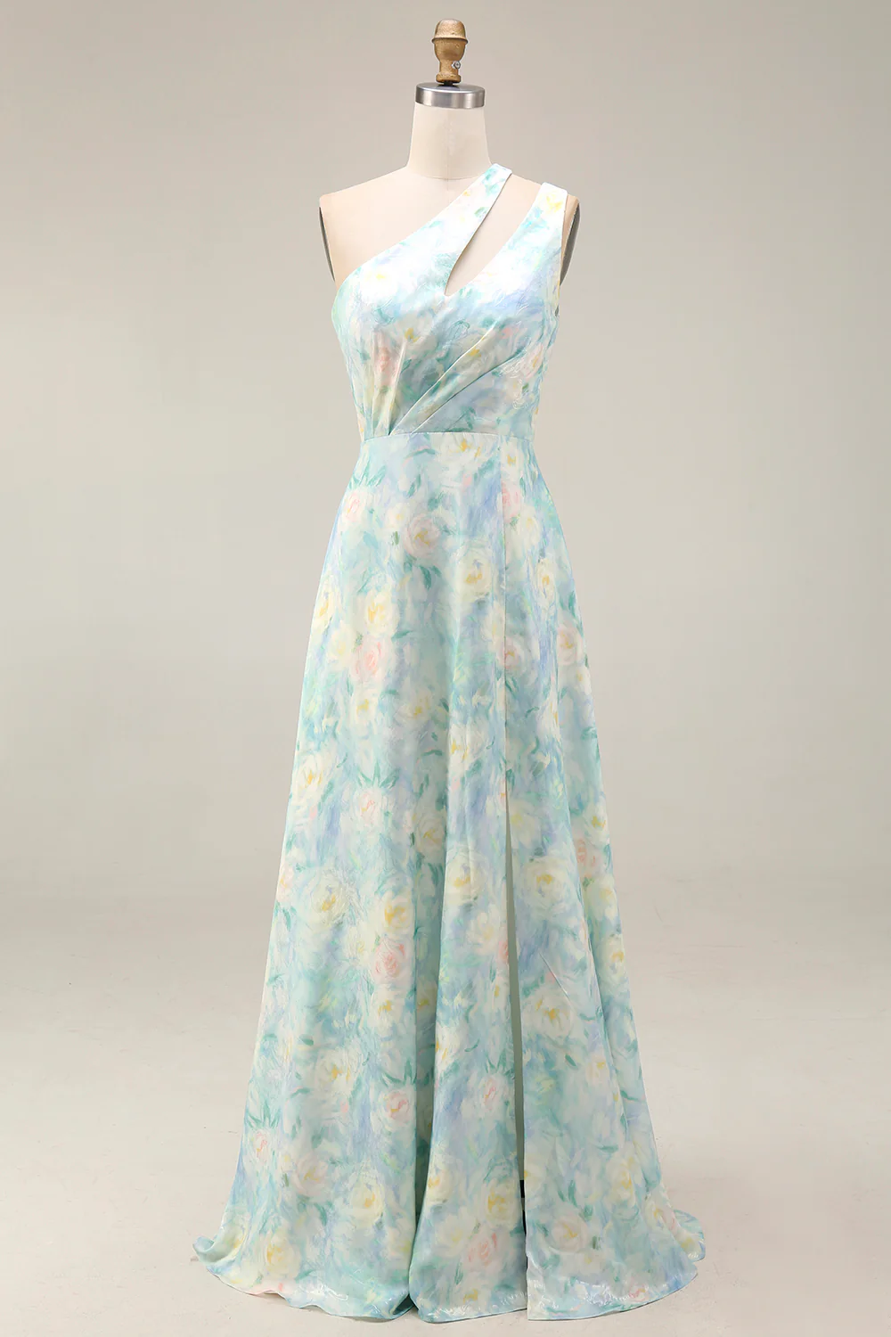 Light Green One Shoulder A Line Cut Out Long Floral Dress with Slit - Image 5