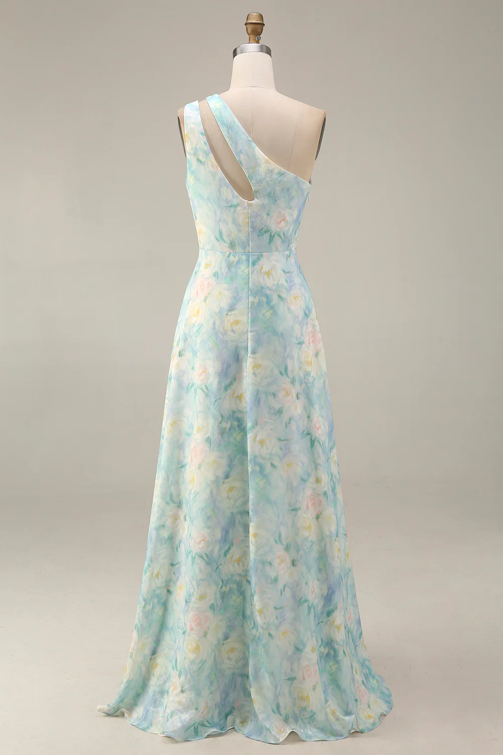 Light Green One Shoulder A Line Cut Out Long Floral Dress with Slit - Image 6