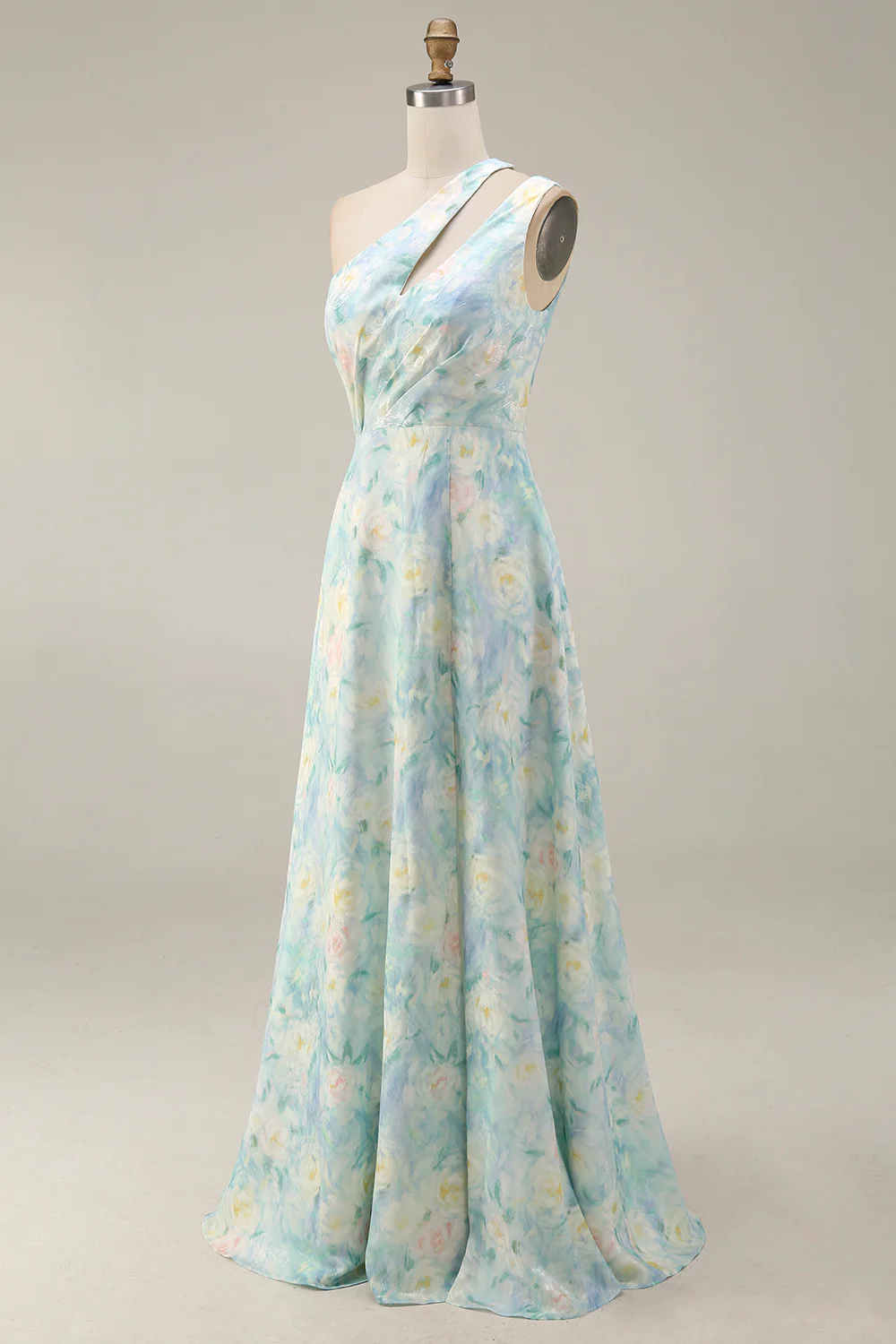 Light Green One Shoulder A Line Cut Out Long Floral Dress with Slit - Image 7