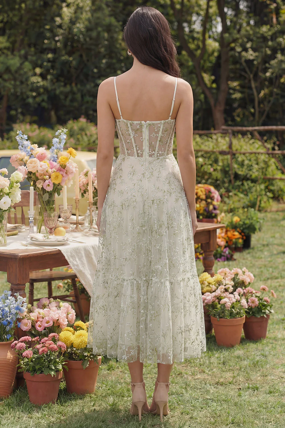 Light Green Appliqued Corset Spaghetti Straps A Line Midi Dress - Image 2
