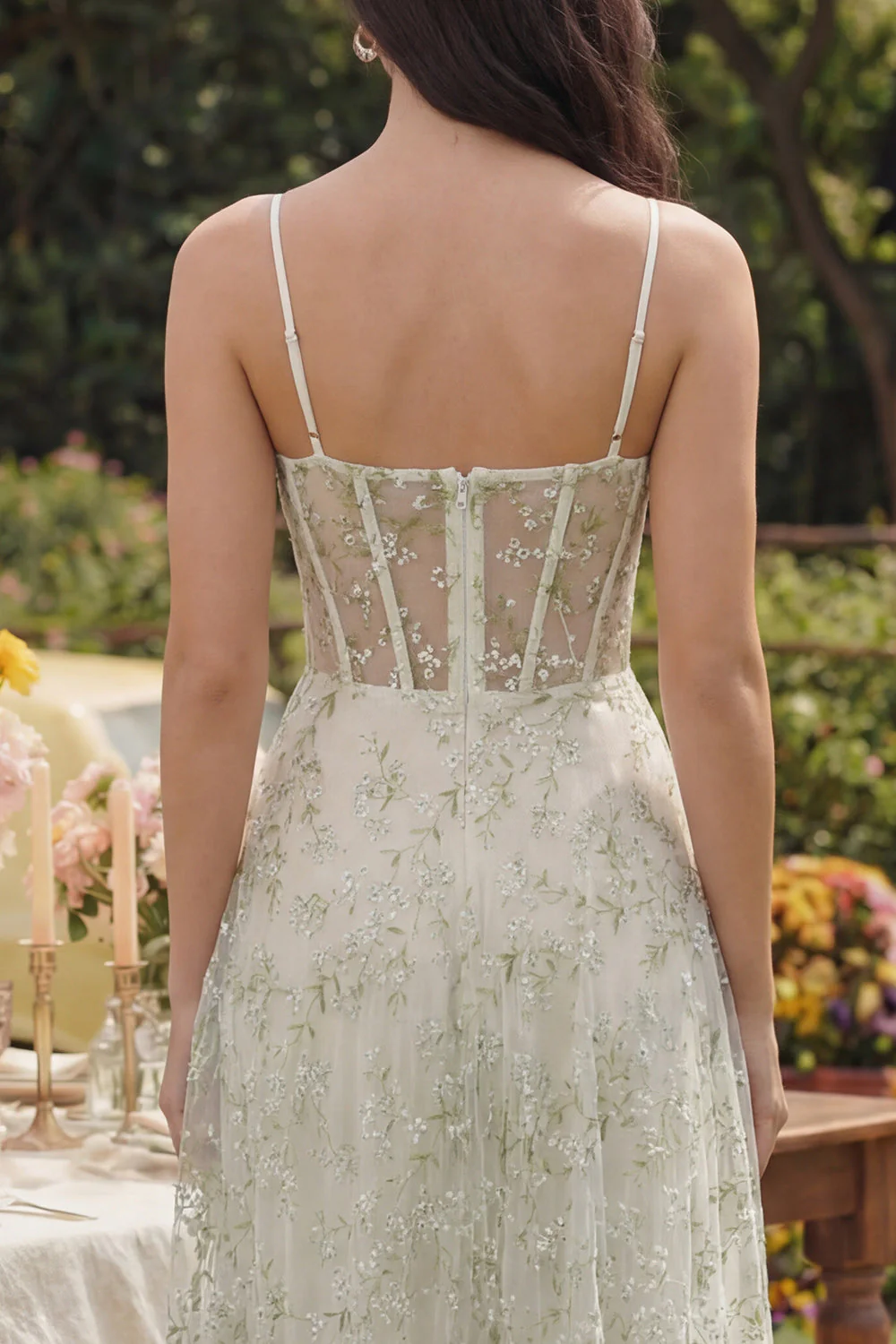 Light Green Appliqued Corset Spaghetti Straps A Line Midi Dress - Image 4