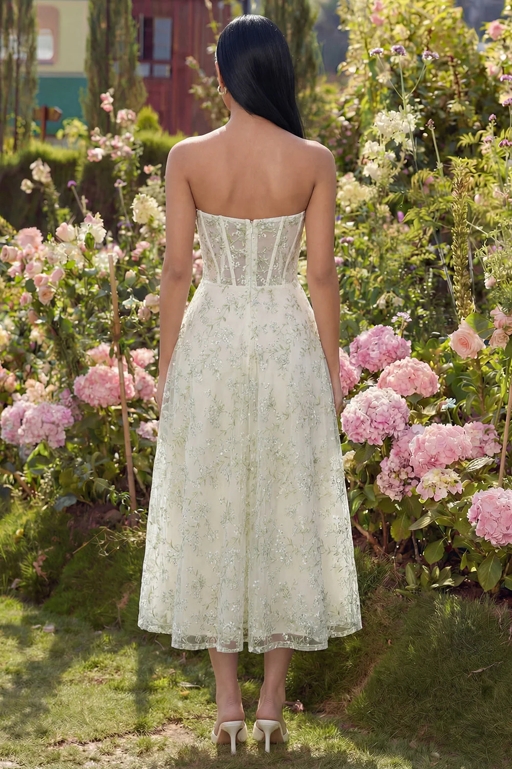 Strapless Light Green Appliqued A Line Corset Tulle Midi Dress - Image 2