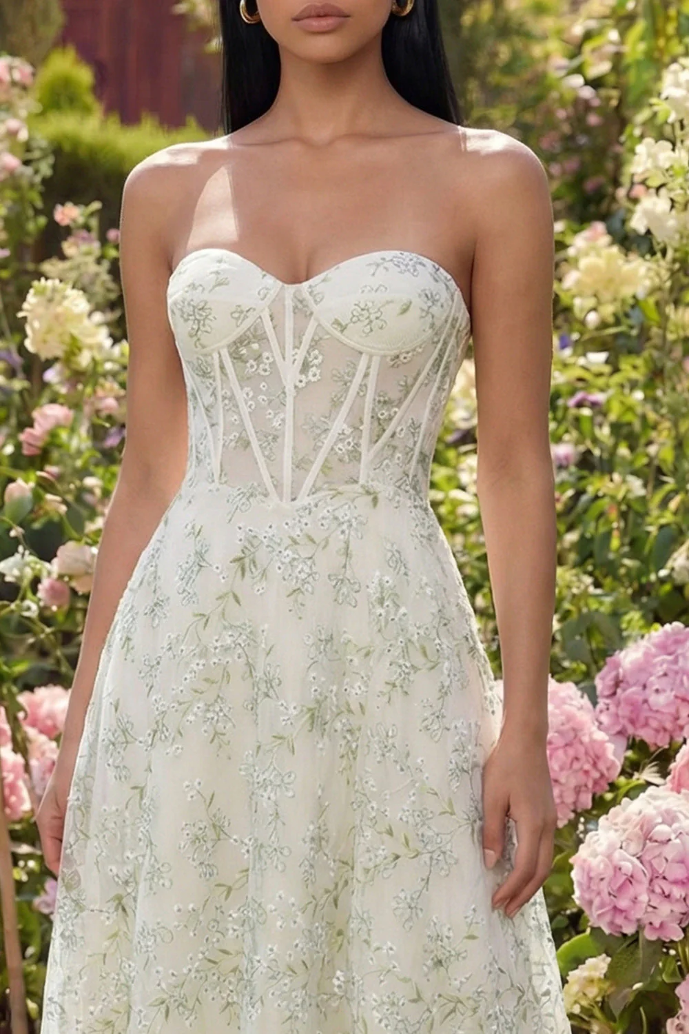 Strapless Light Green Appliqued A Line Corset Tulle Midi Dress - Image 3
