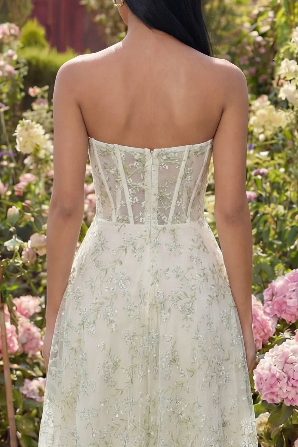 Strapless Light Green Appliqued A Line Corset Tulle Midi Dress - Image 4