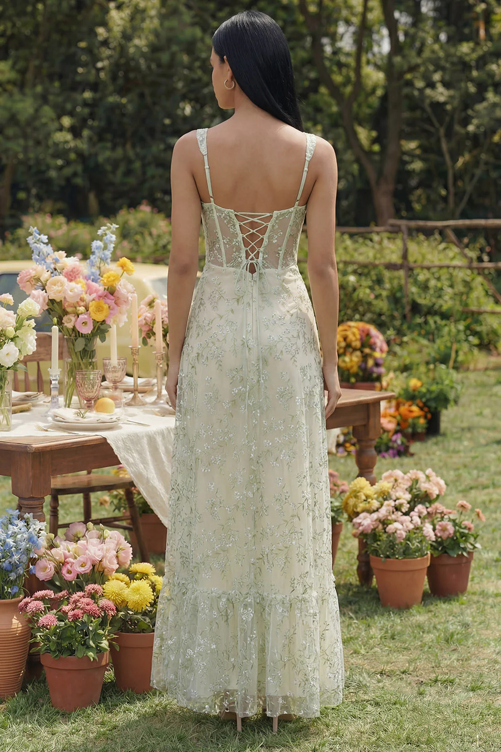 Light Green Corset Tulle A Line Appliqued Midi Dress with Slit - Image 2