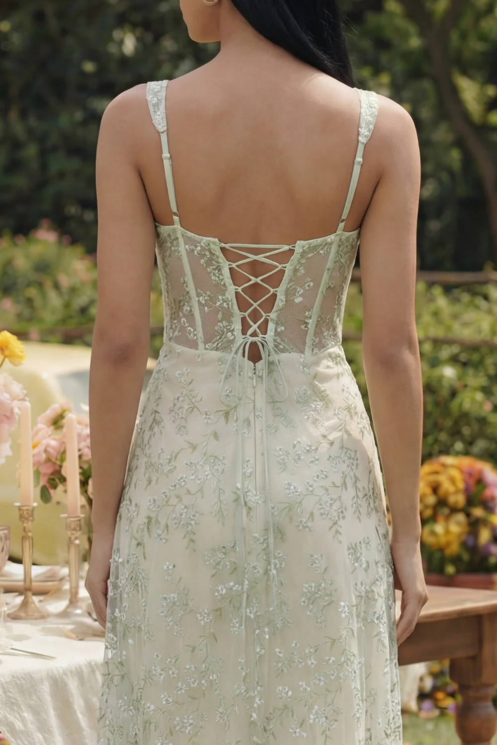 Light Green Corset Tulle A Line Appliqued Midi Dress with Slit - Image 4