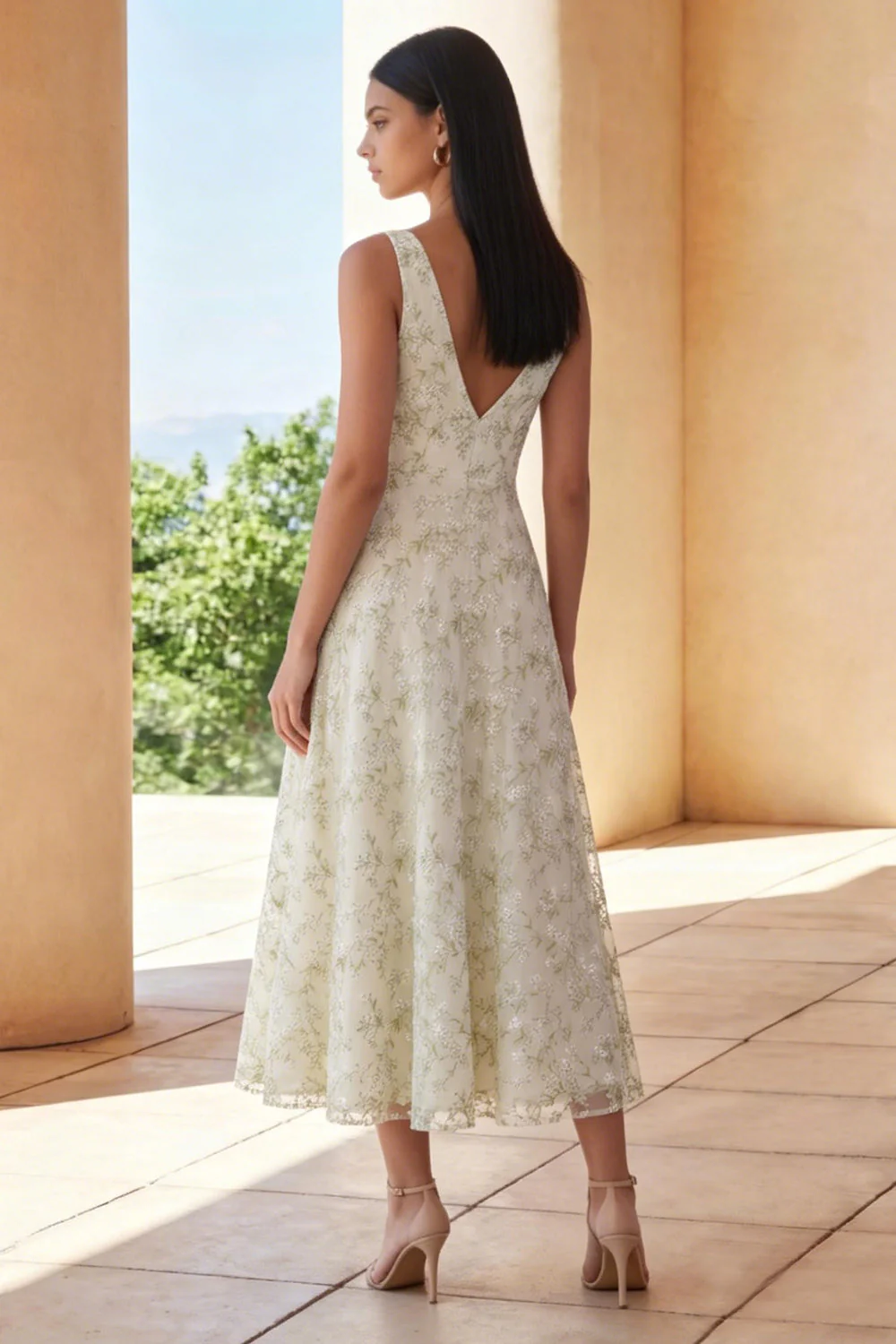 Light Green A Line V Neck Midi Floral Dress - Image 2