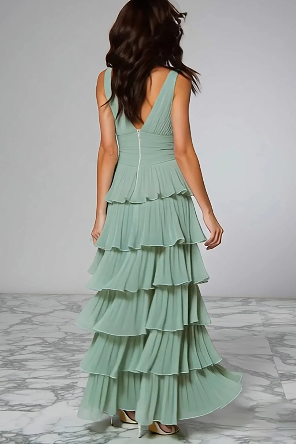 Light Green Chiffon Ruffled A Line Long Bridesmaid Dress - Image 2