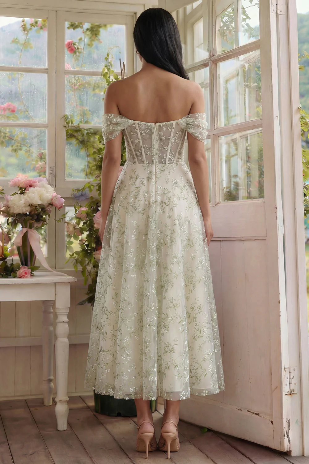 Light Green Corset Off the Shoulder Appliqued A Line Tulle Midi Dress - Image 2