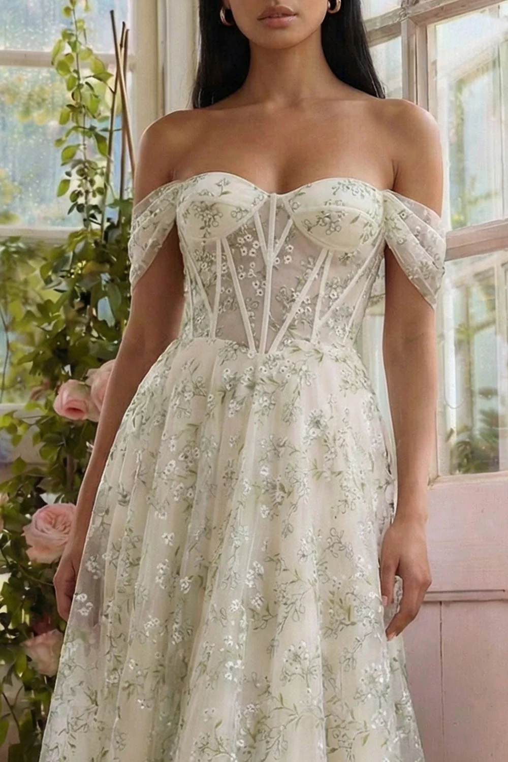 Light Green Corset Off the Shoulder Appliqued A Line Tulle Midi Dress - Image 3