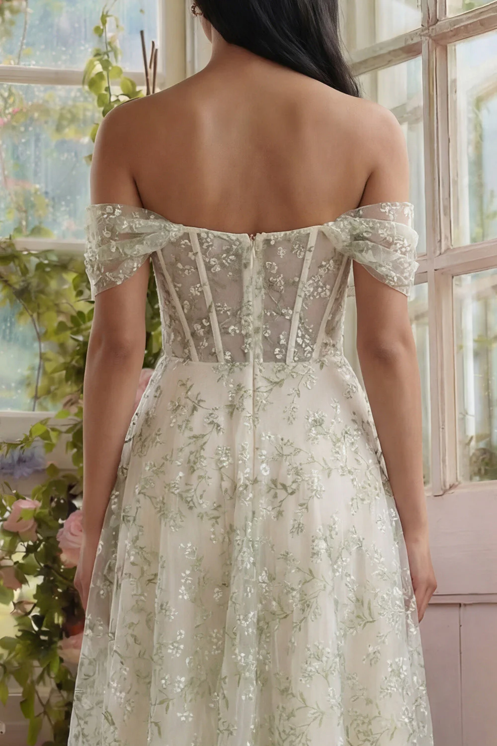 Light Green Corset Off the Shoulder Appliqued A Line Tulle Midi Dress - Image 4