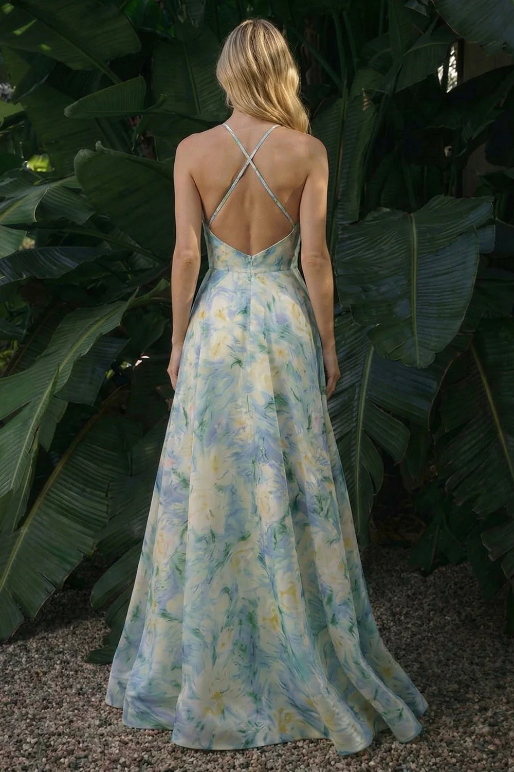 Halter A Line Light Green Backless Long Floral Dress - Image 2