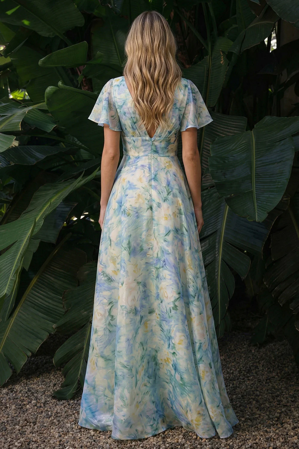 Light GreenV-Neck A Line Maxi Floral Dress with Short Sleeves - Image 2