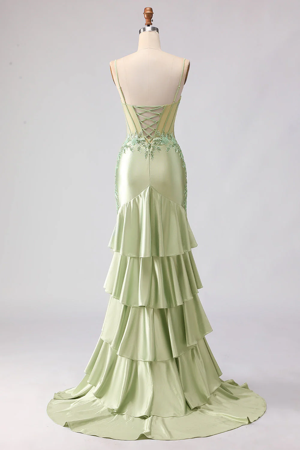 Light Green Mermaid Beaded Corset Ruffle Long Prom Dress with Lace Up Back - Image 2