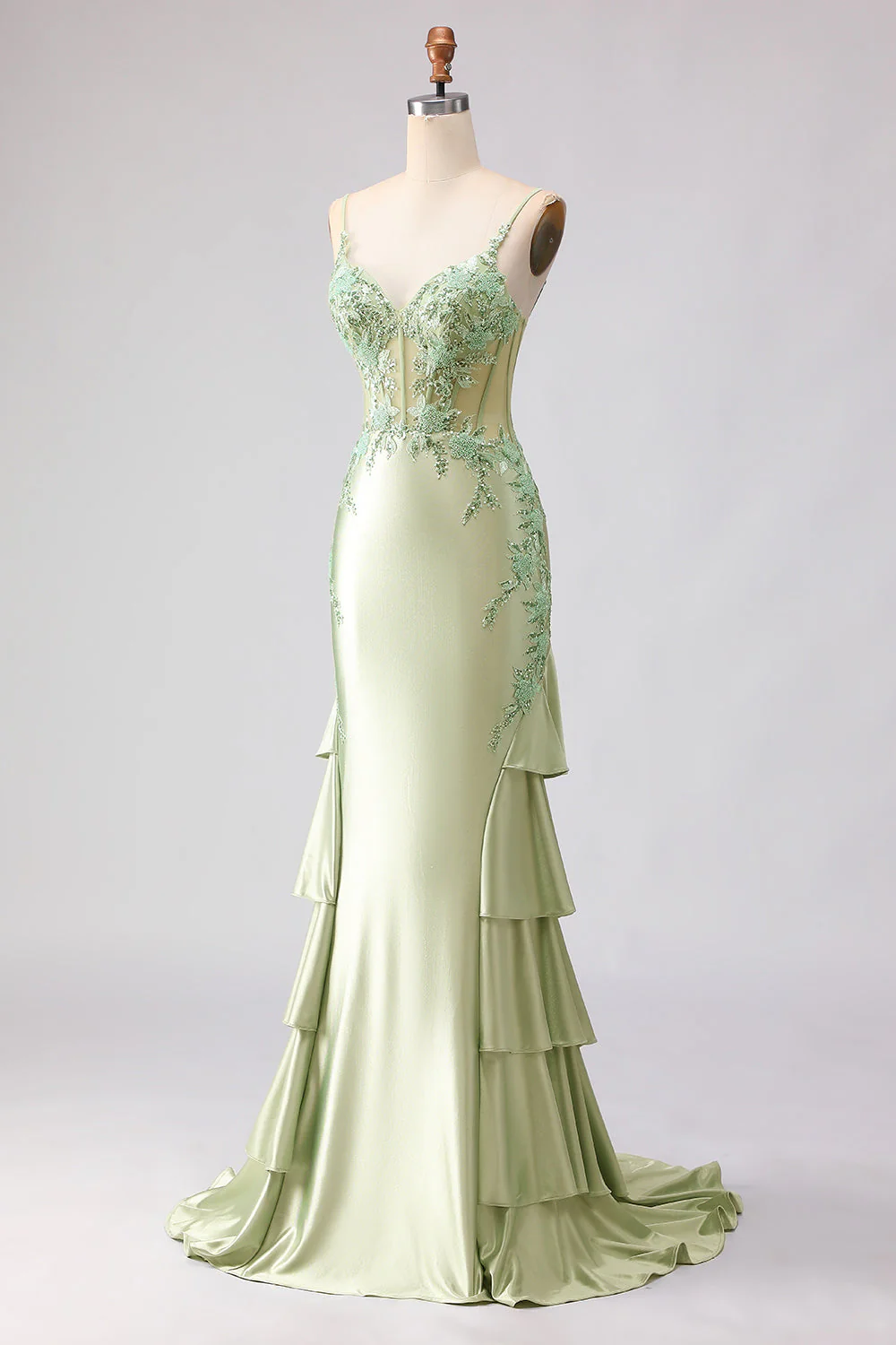 Light Green Mermaid Beaded Corset Ruffle Long Prom Dress with Lace Up Back - Image 5