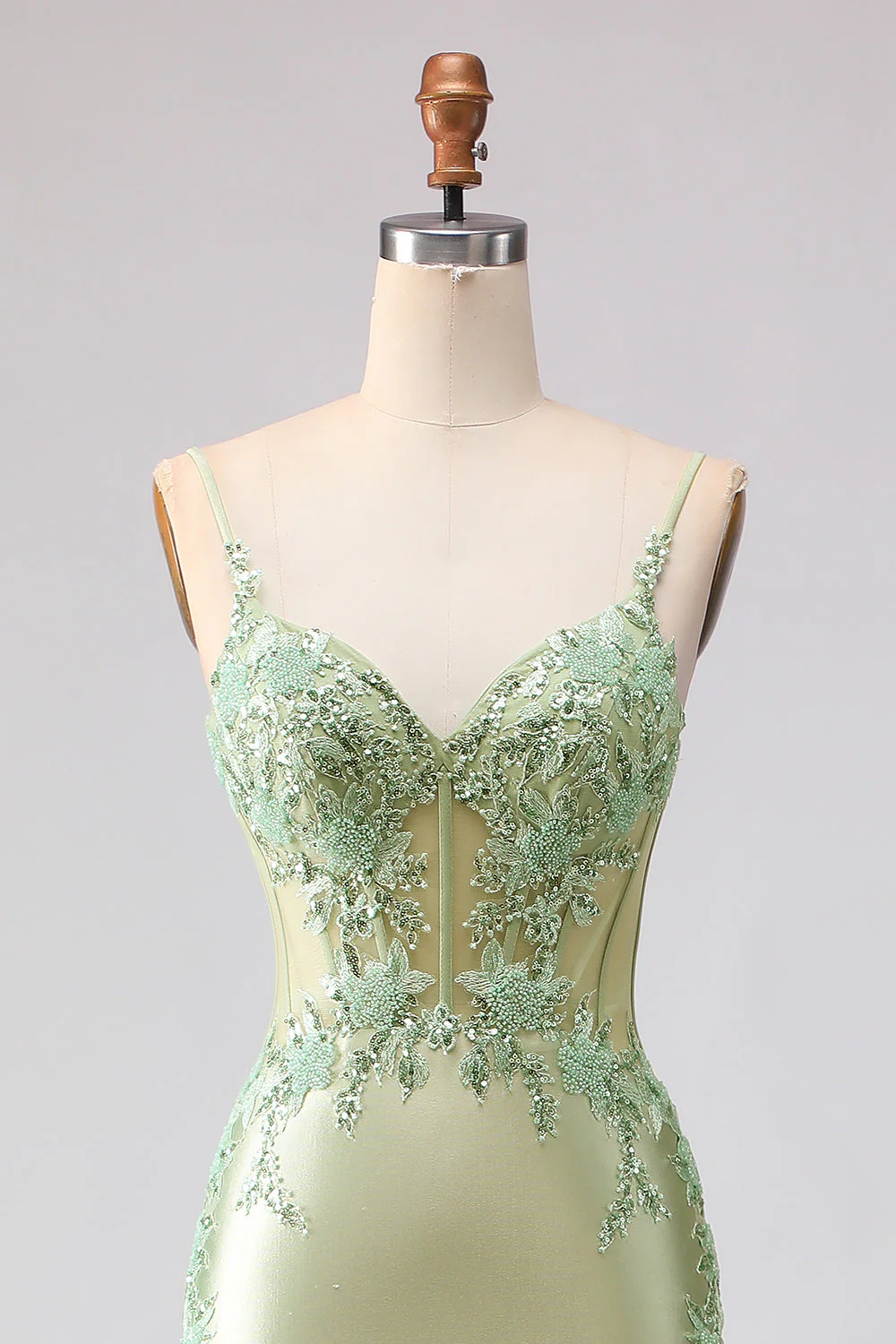 Light Green Mermaid Beaded Corset Ruffle Long Prom Dress with Lace Up Back - Image 6