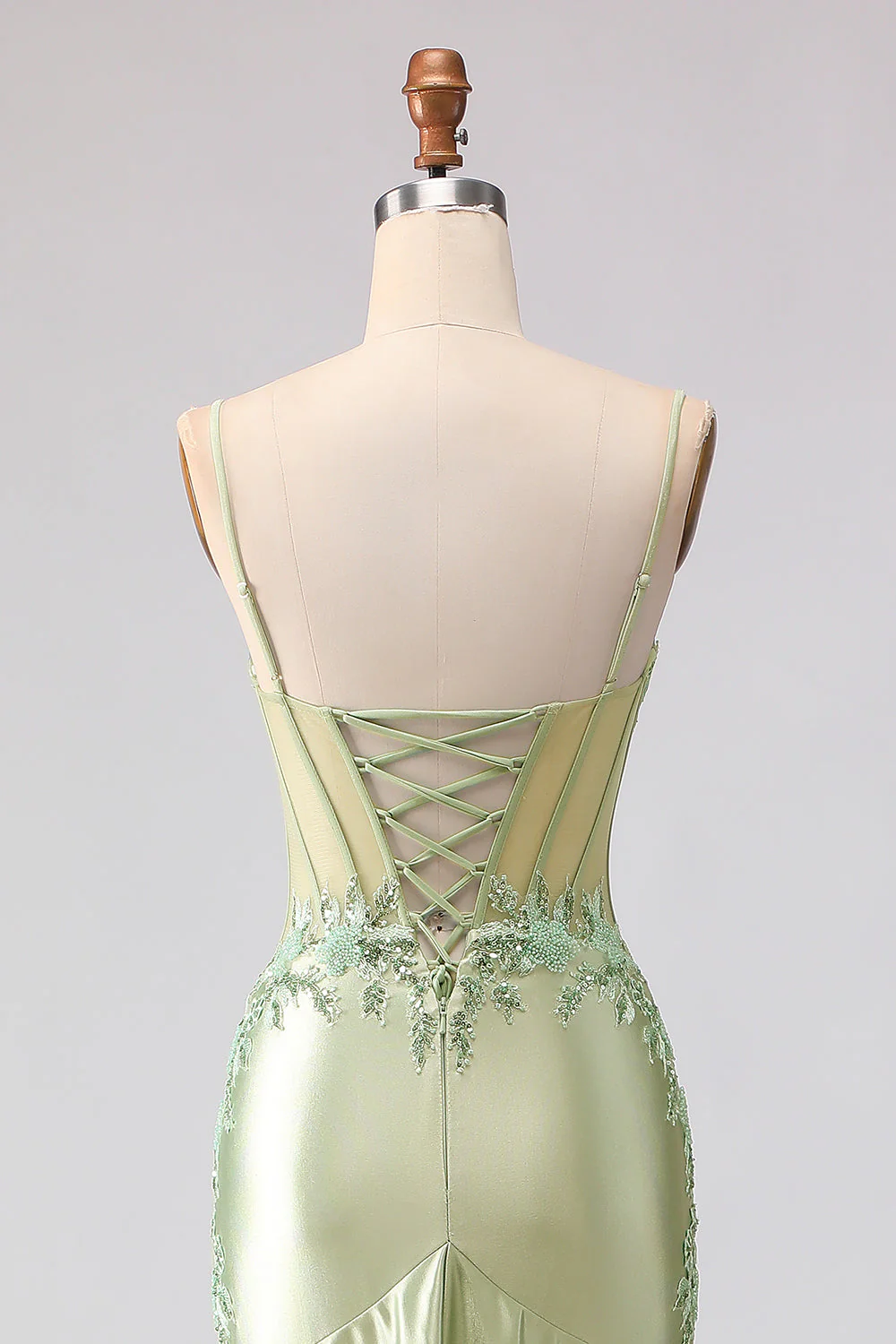 Light Green Mermaid Beaded Corset Ruffle Long Prom Dress with Lace Up Back - Image 7