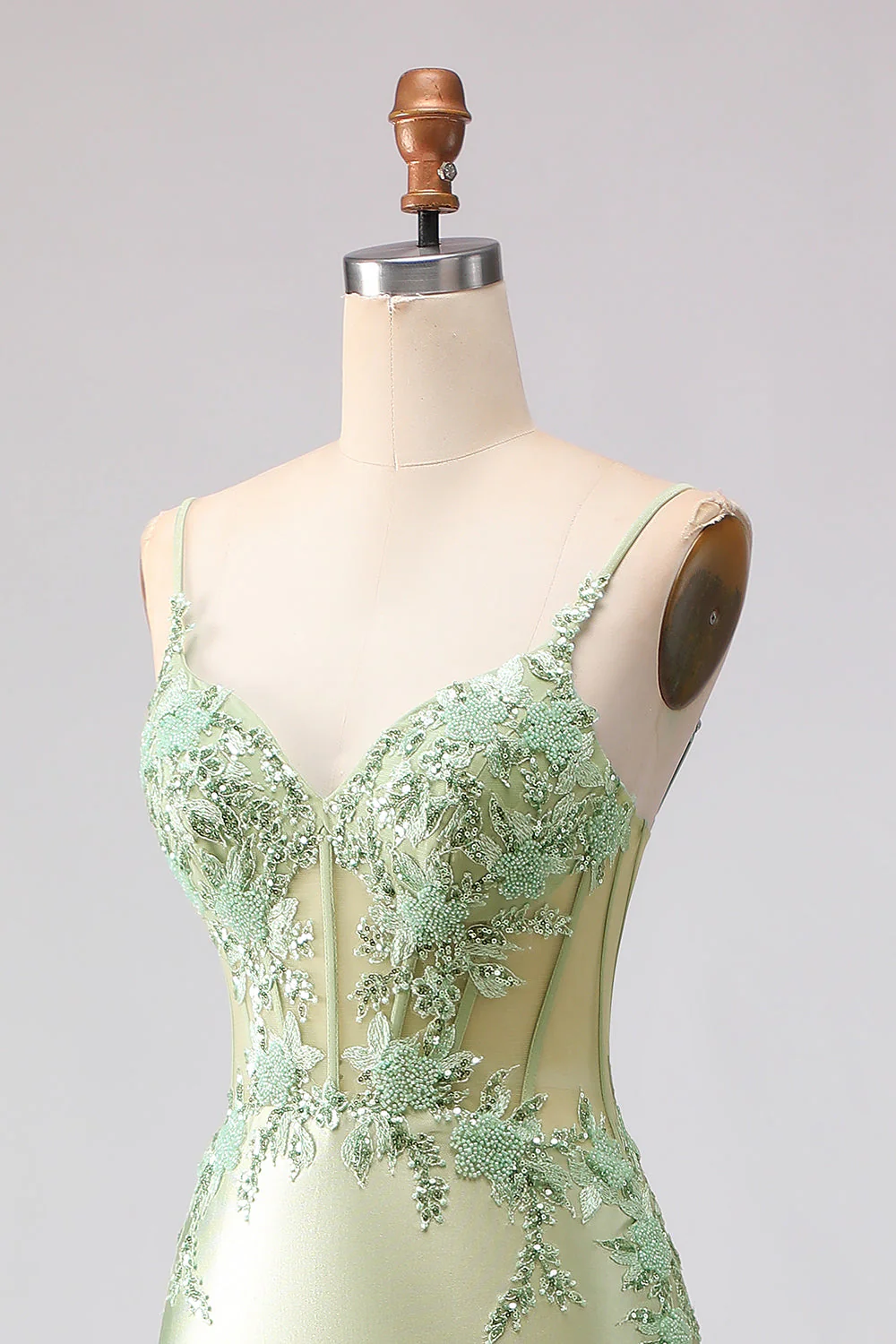 Light Green Mermaid Beaded Corset Ruffle Long Prom Dress with Lace Up Back - Image 8