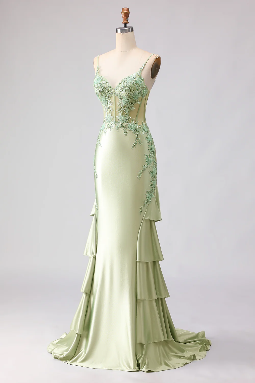 Light Green Mermaid Beaded Corset Ruffled Long Prom Dress with Lace Up Back - Image 3