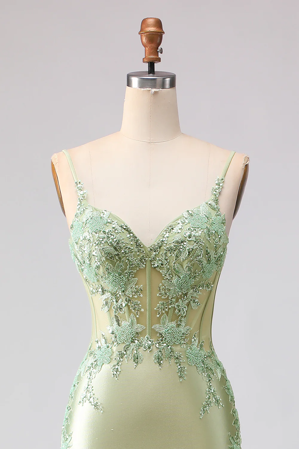 Light Green Mermaid Beaded Corset Ruffled Long Prom Dress with Lace Up Back - Image 4