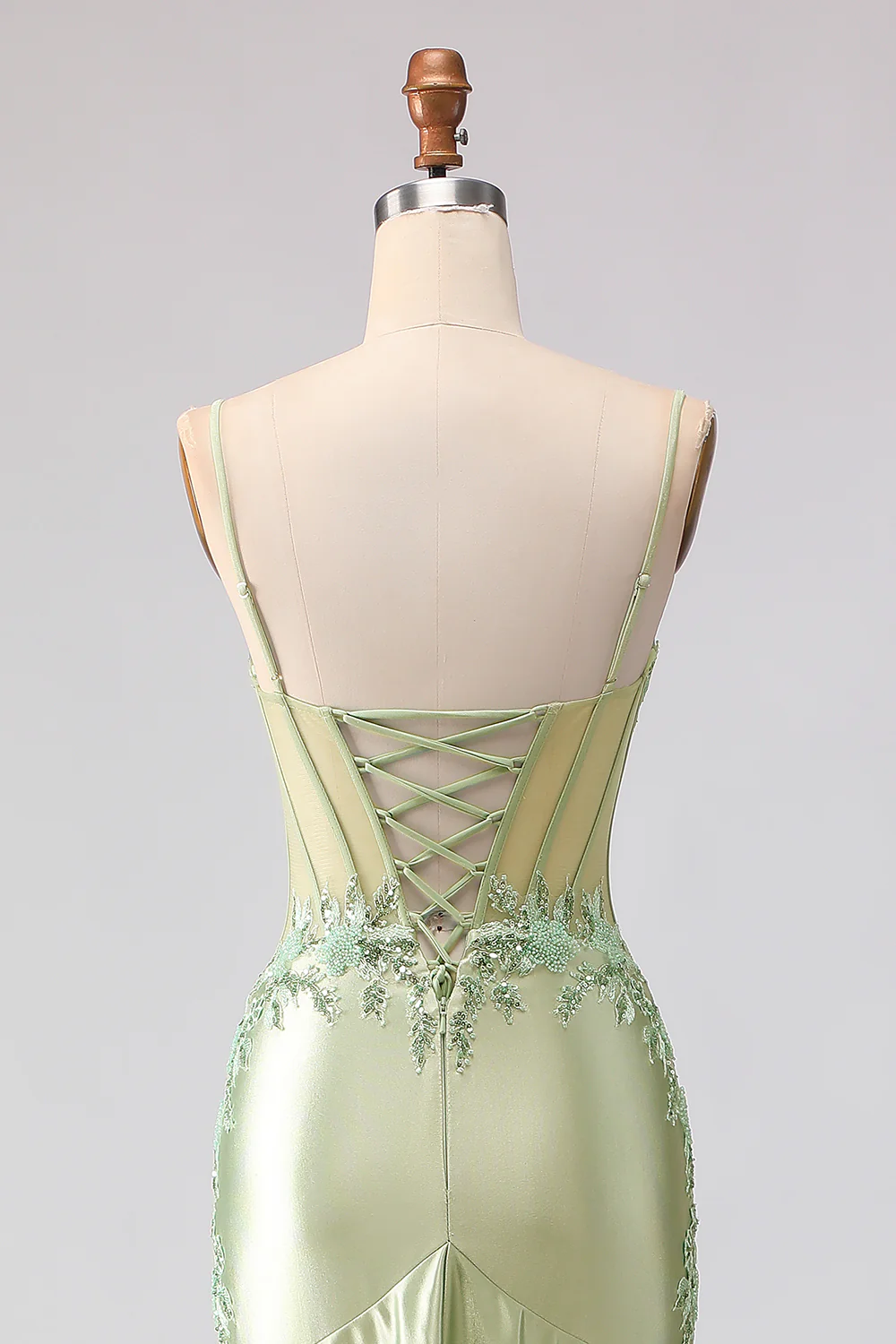 Light Green Mermaid Beaded Corset Ruffled Long Prom Dress with Lace Up Back - Image 5