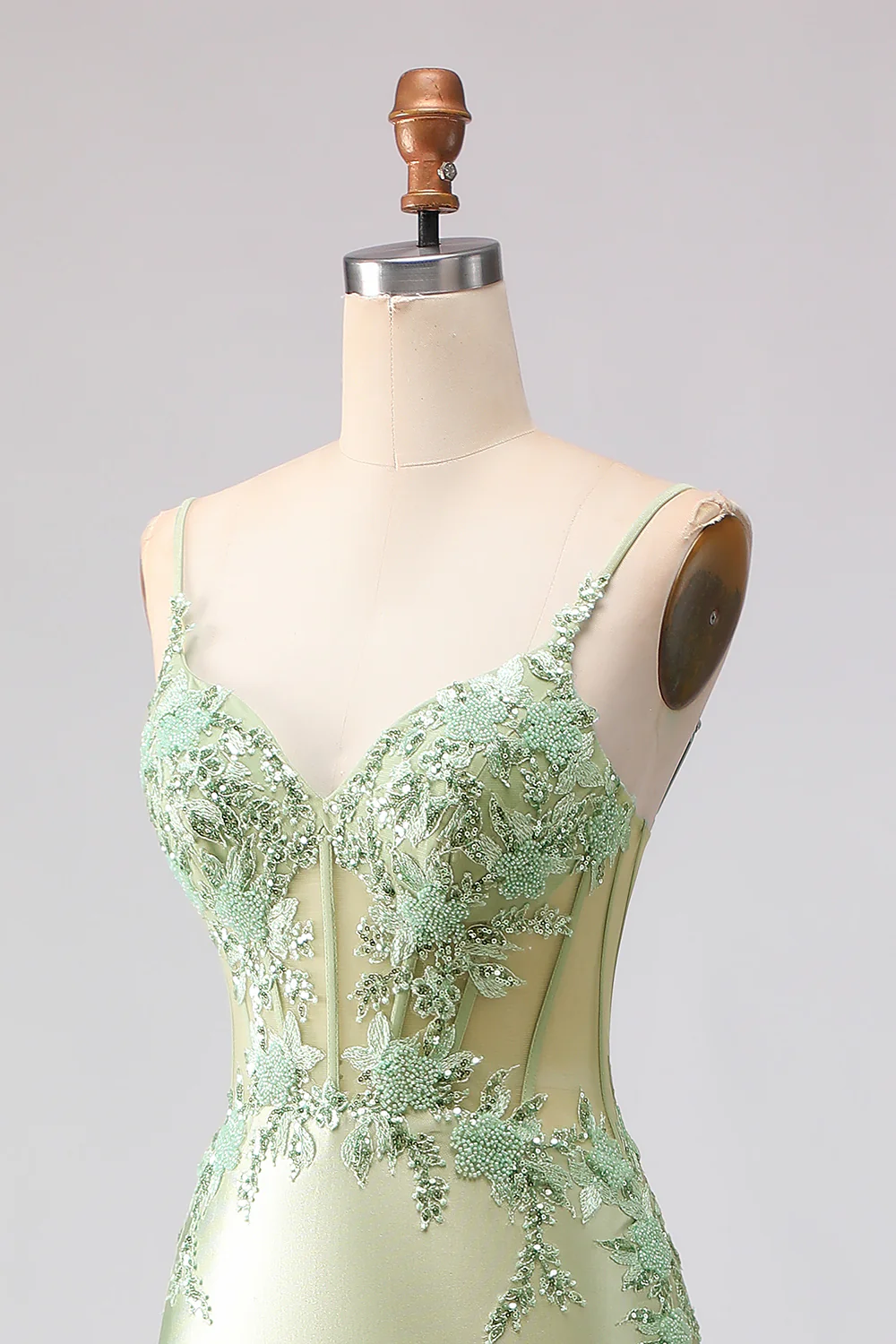 Light Green Mermaid Beaded Corset Ruffled Long Prom Dress with Lace Up Back - Image 6