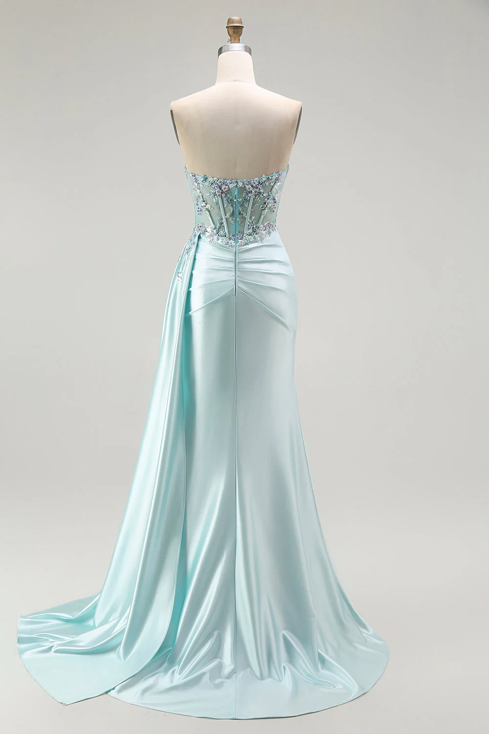 Light Green Mermaid Strapless Corset Beaded Long Prom Dress with Streamer - Image 2