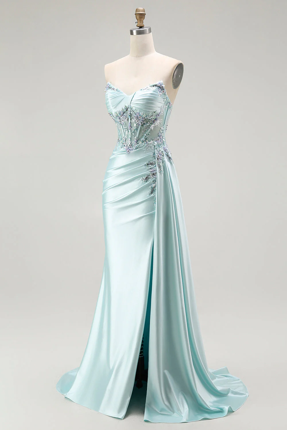 Light Green Mermaid Strapless Corset Beaded Long Prom Dress with Streamer - Image 3