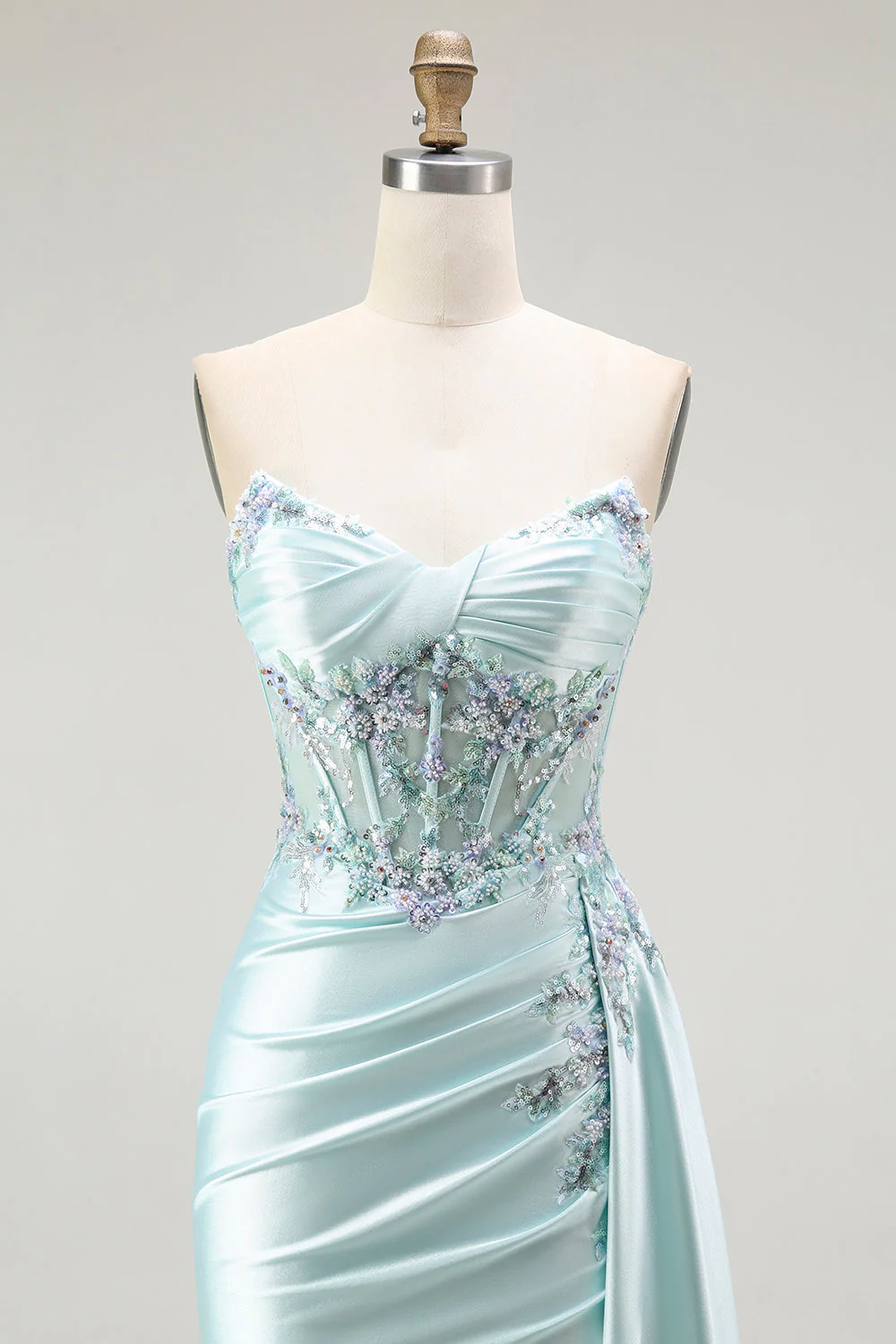 Light Green Mermaid Strapless Corset Beaded Long Prom Dress with Streamer - Image 4