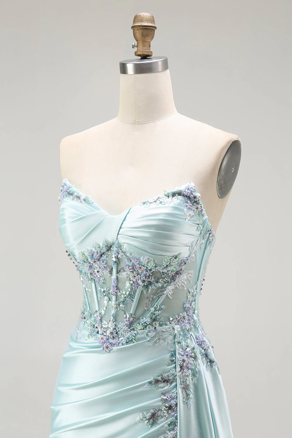 Light Green Mermaid Strapless Corset Beaded Long Prom Dress with Streamer - Image 5