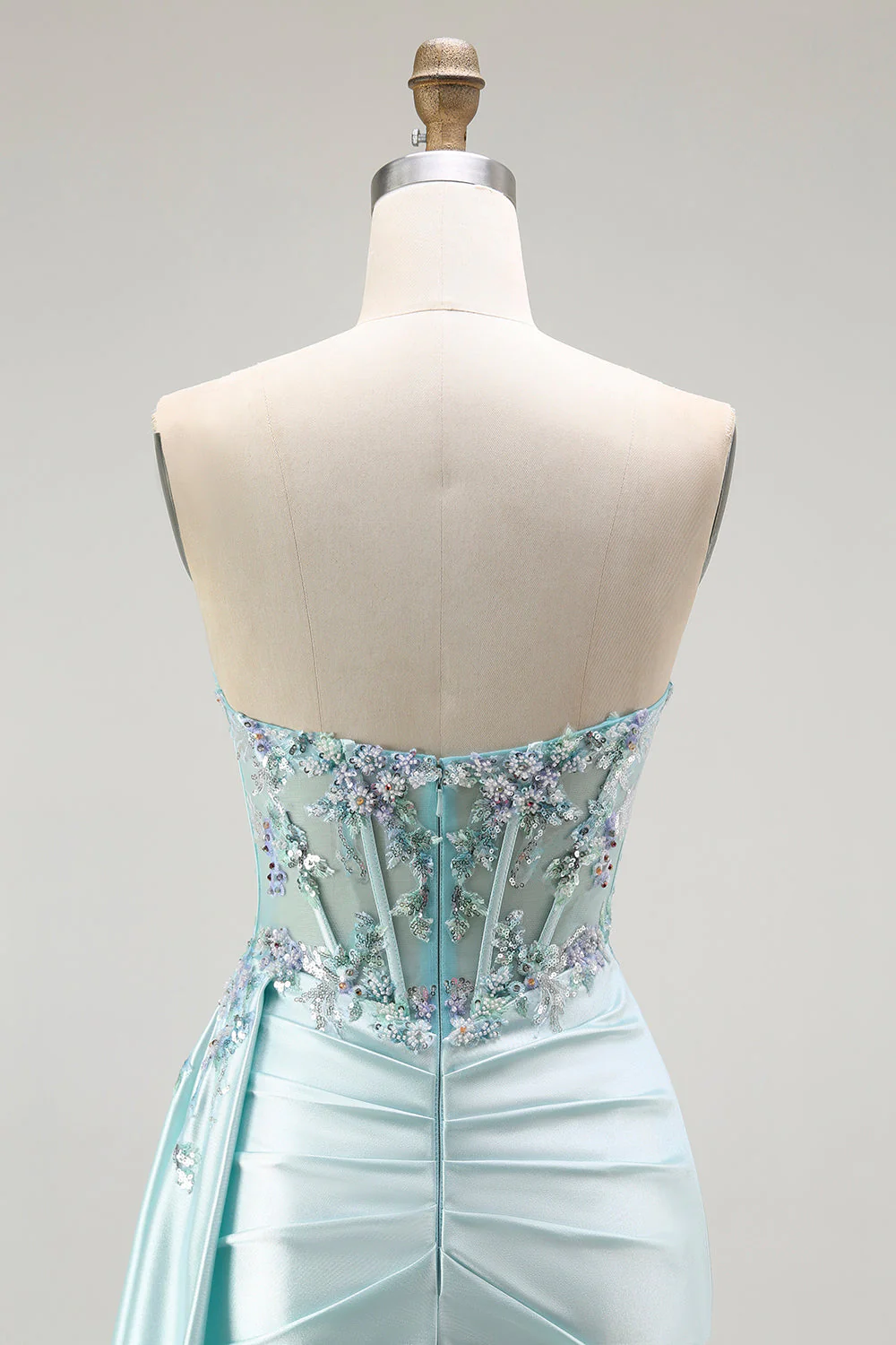 Light Green Mermaid Strapless Corset Beaded Long Prom Dress with Streamer - Image 6
