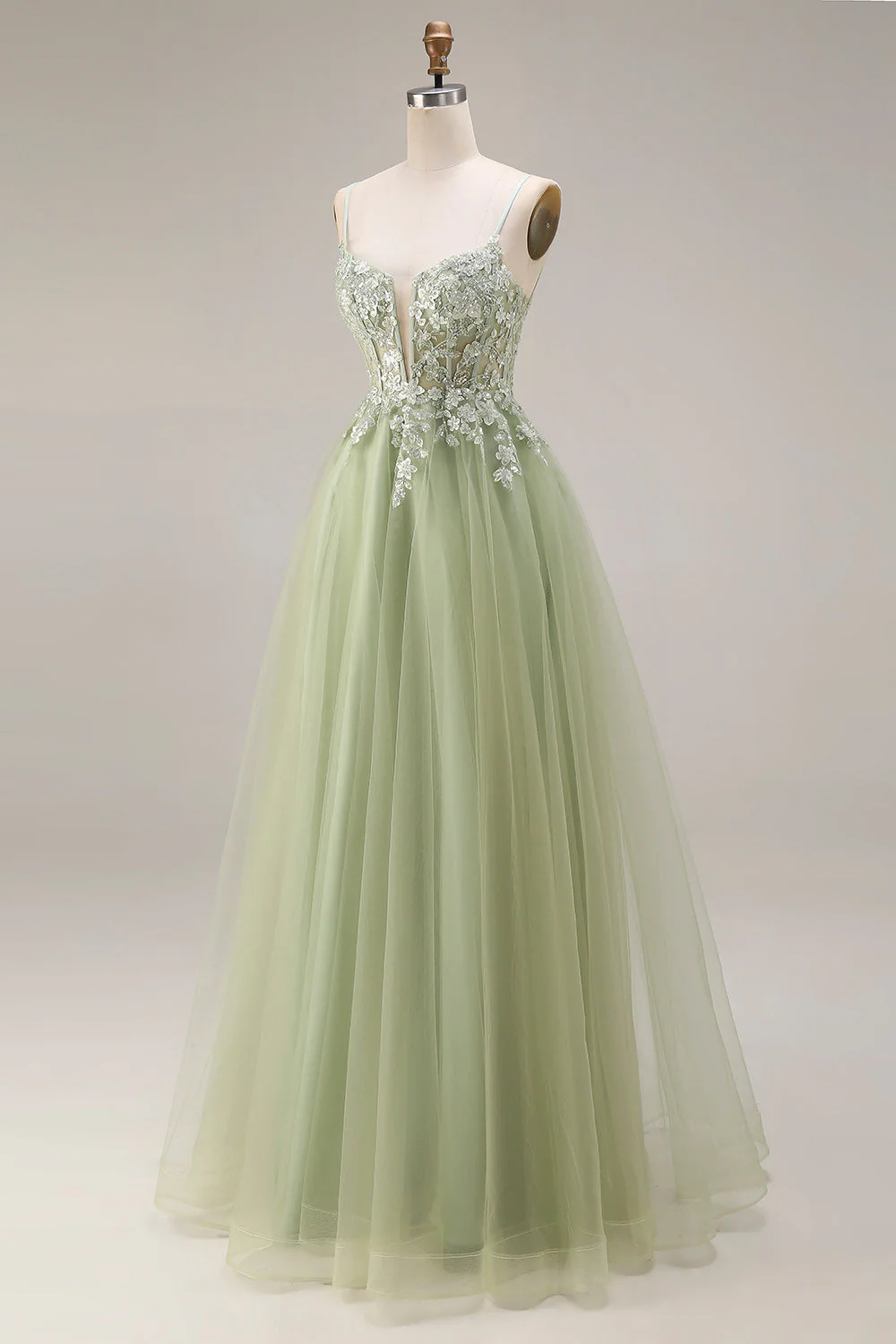 Light Green Tulle A-Line Corset Appliqued Spaghetti Straps Long Prom Dress - Image 3