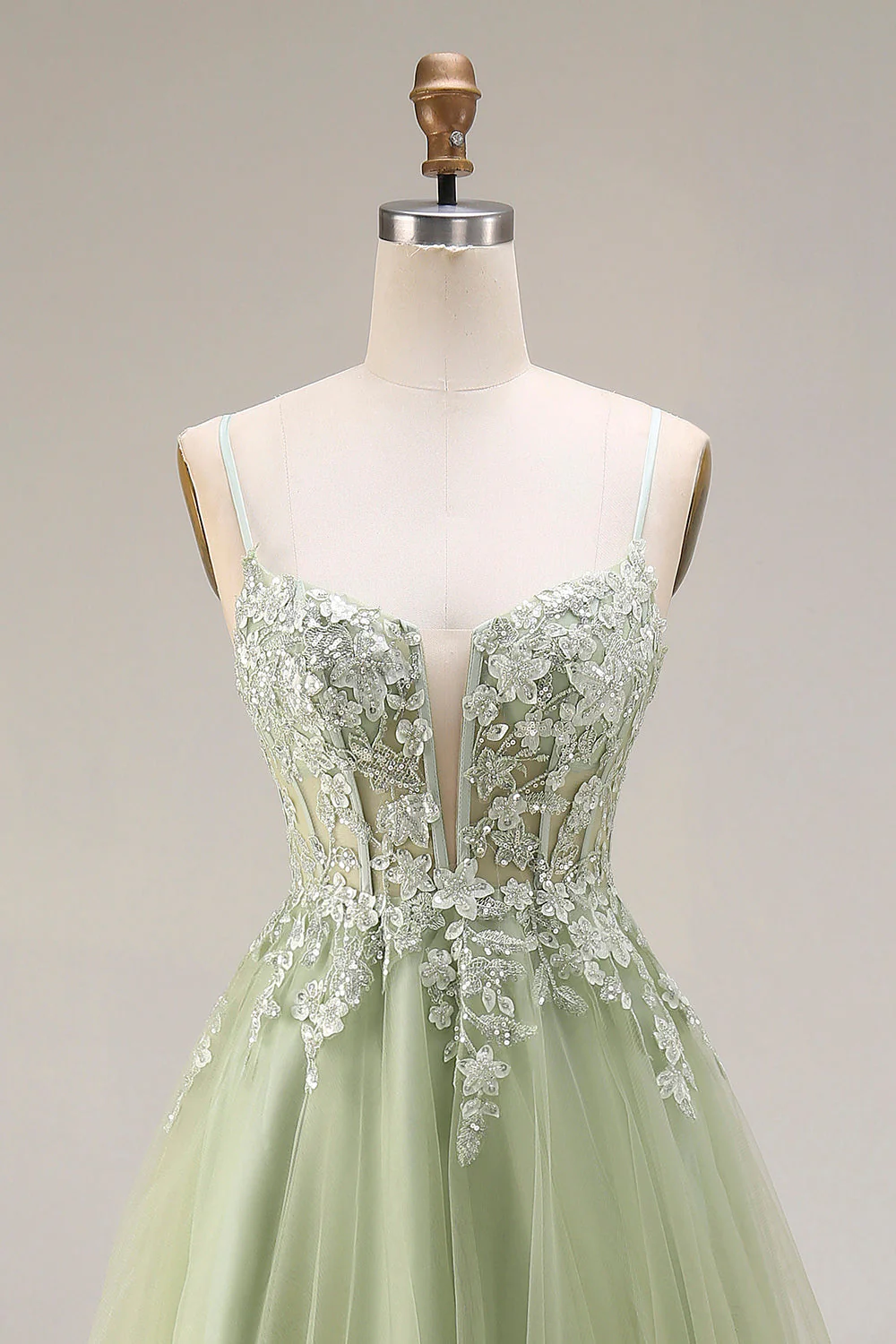 Light Green Tulle A-Line Corset Appliqued Spaghetti Straps Long Prom Dress - Image 4