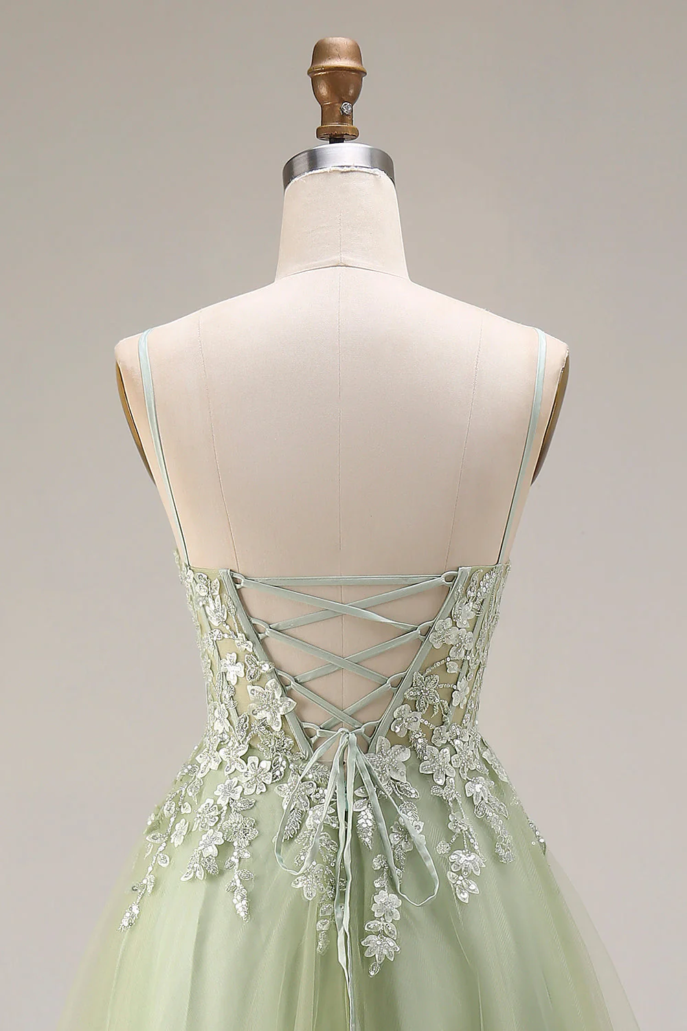 Light Green Tulle A-Line Corset Appliqued Spaghetti Straps Long Prom Dress - Image 5