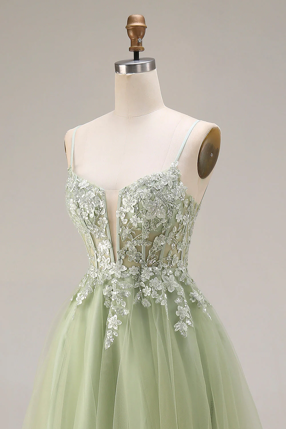 Light Green Tulle A-Line Corset Appliqued Spaghetti Straps Long Prom Dress - Image 6