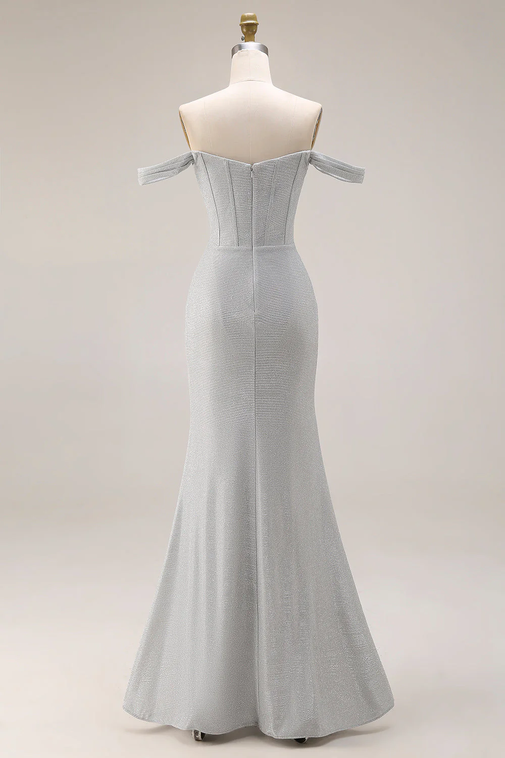Light Grey Off The Shoulder Mermaid Pleated Long Prom Dress with Slit - Image 2