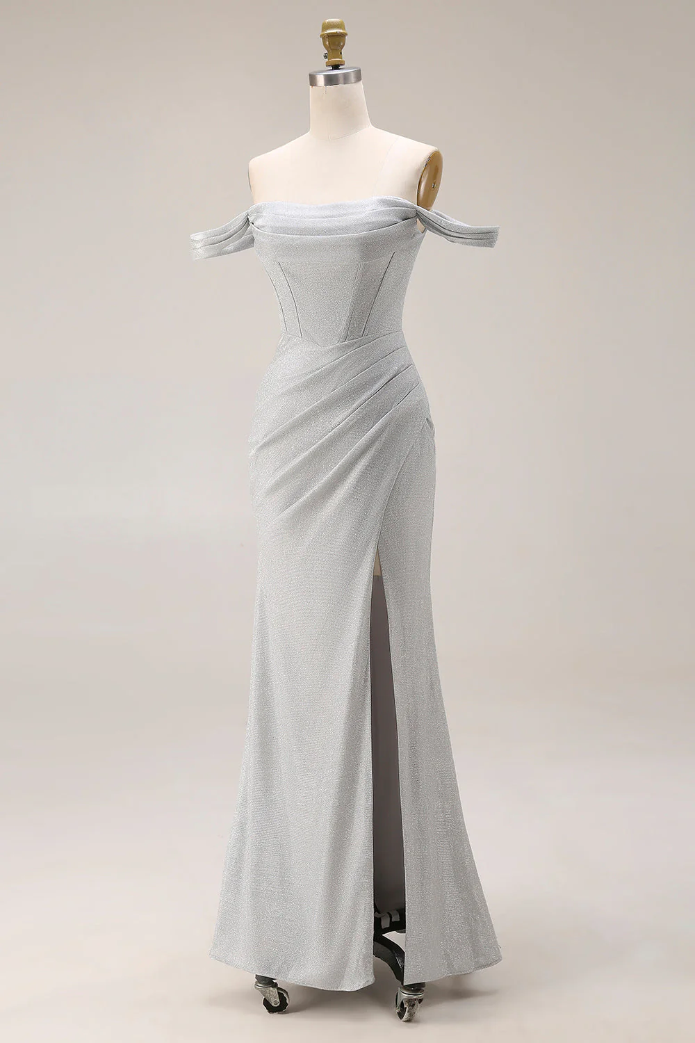 Light Grey Off The Shoulder Mermaid Pleated Long Prom Dress with Slit - Image 3