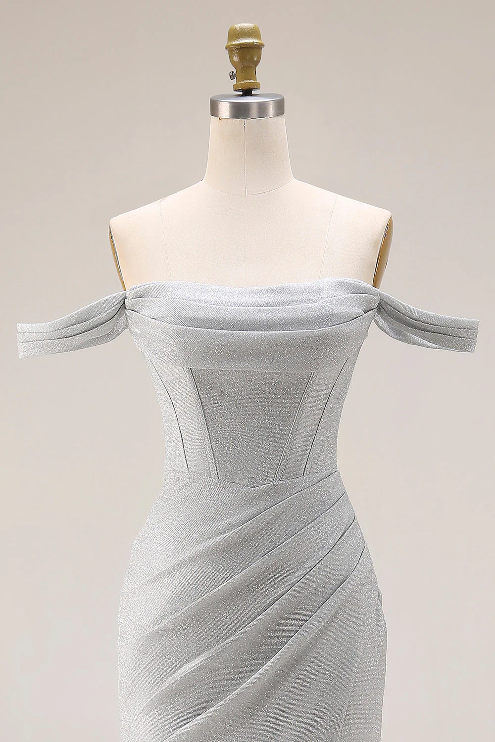 Light Grey Off The Shoulder Mermaid Pleated Long Prom Dress with Slit - Image 4