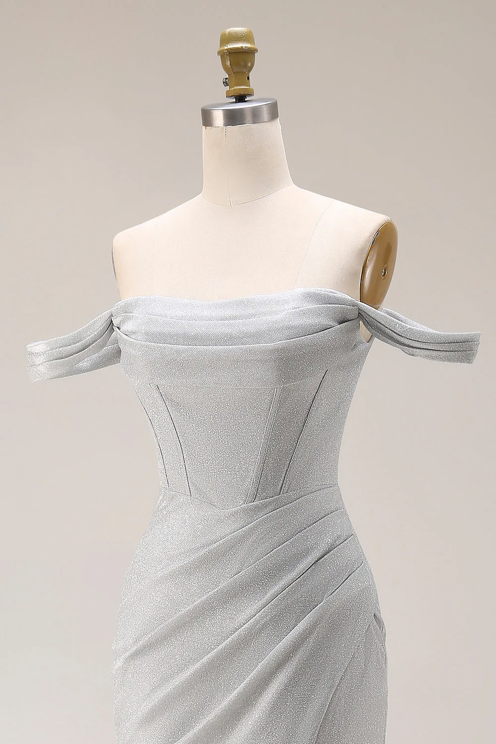 Light Grey Off The Shoulder Mermaid Pleated Long Prom Dress with Slit - Image 6