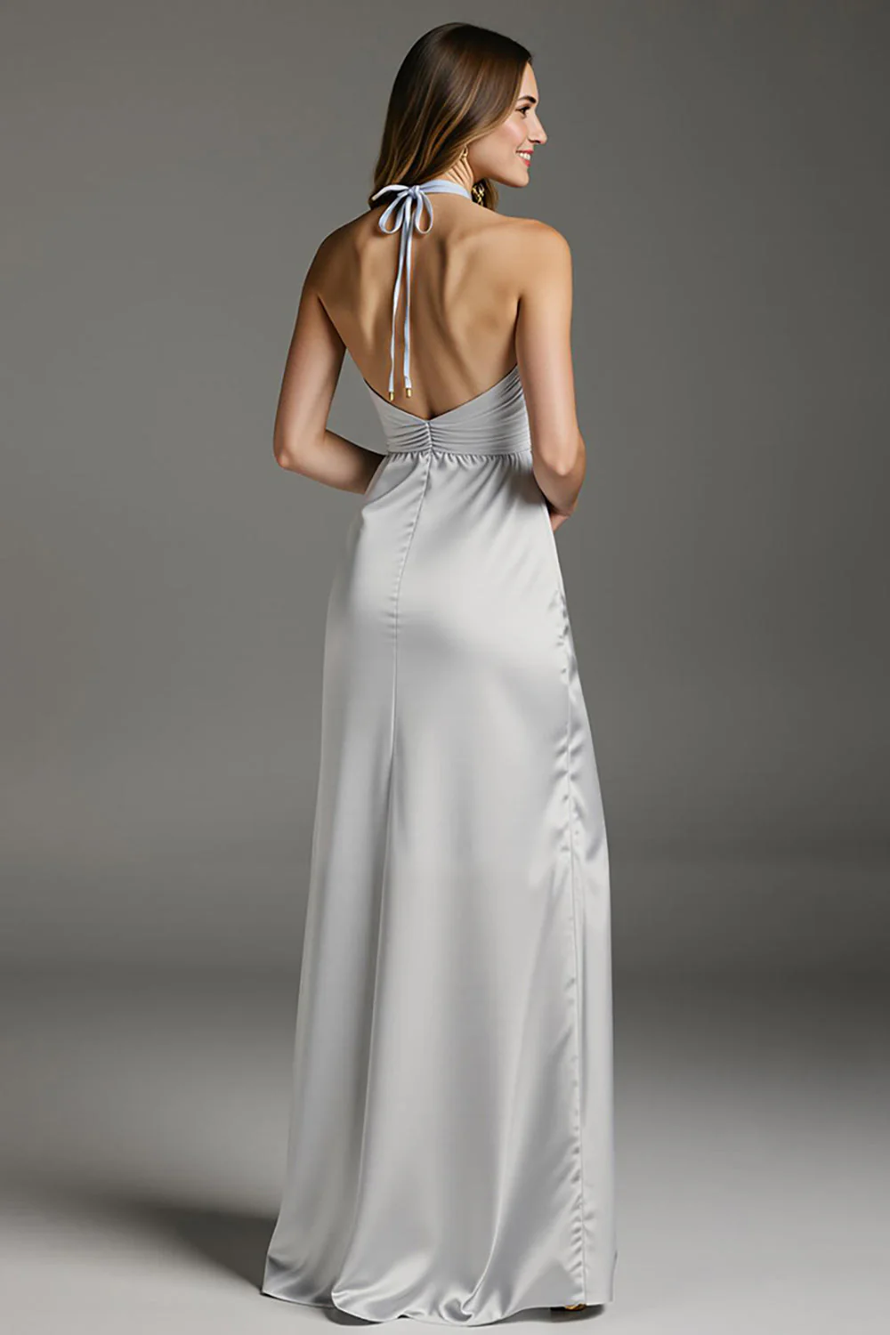 Light Grey Satin Halter Sheath Long Formal Dress with Slit - Image 2