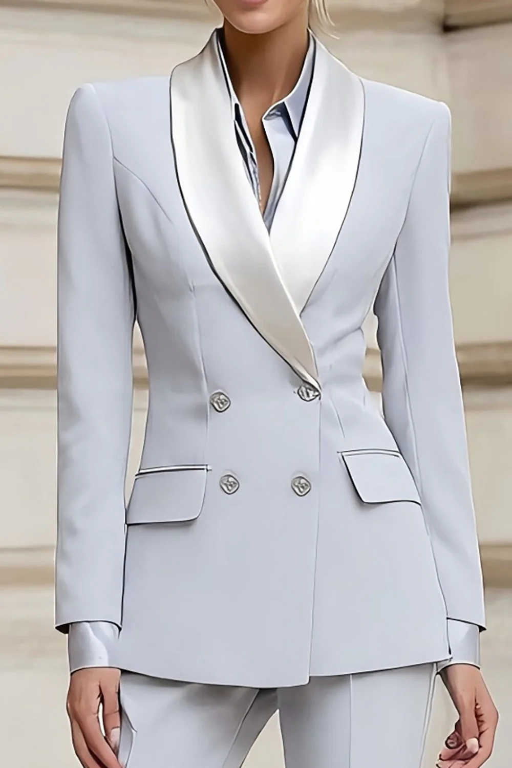 Light Grey Shawl Lapel 2 Piece Double Breasted Slim Fit Women's Business Suits - Image 2