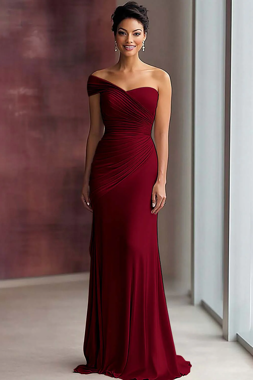 Light Khaki Mermaid Pleated One Shoulder Formal Dress - Image 10
