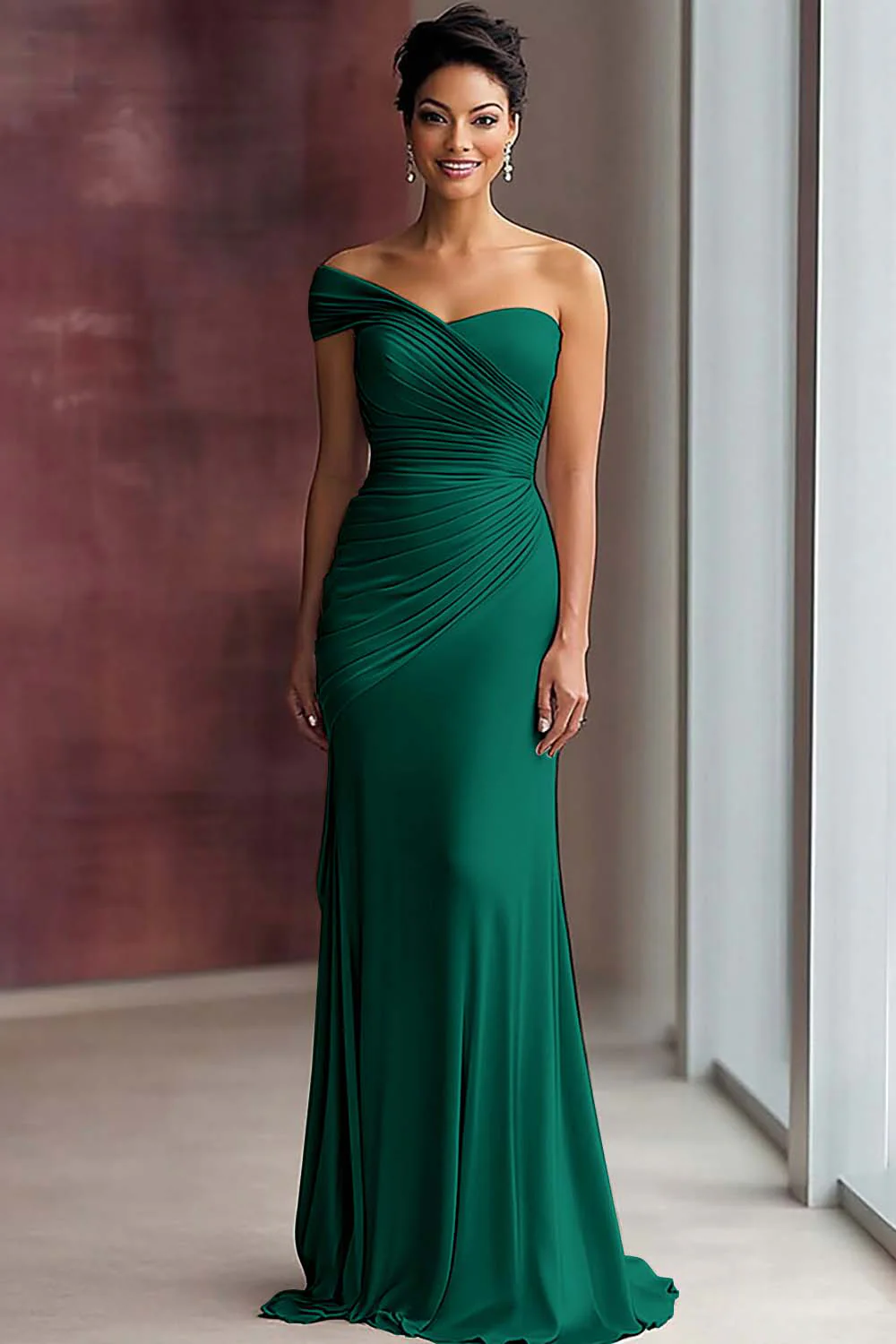 Light Khaki Mermaid Pleated One Shoulder Formal Dress - Image 11