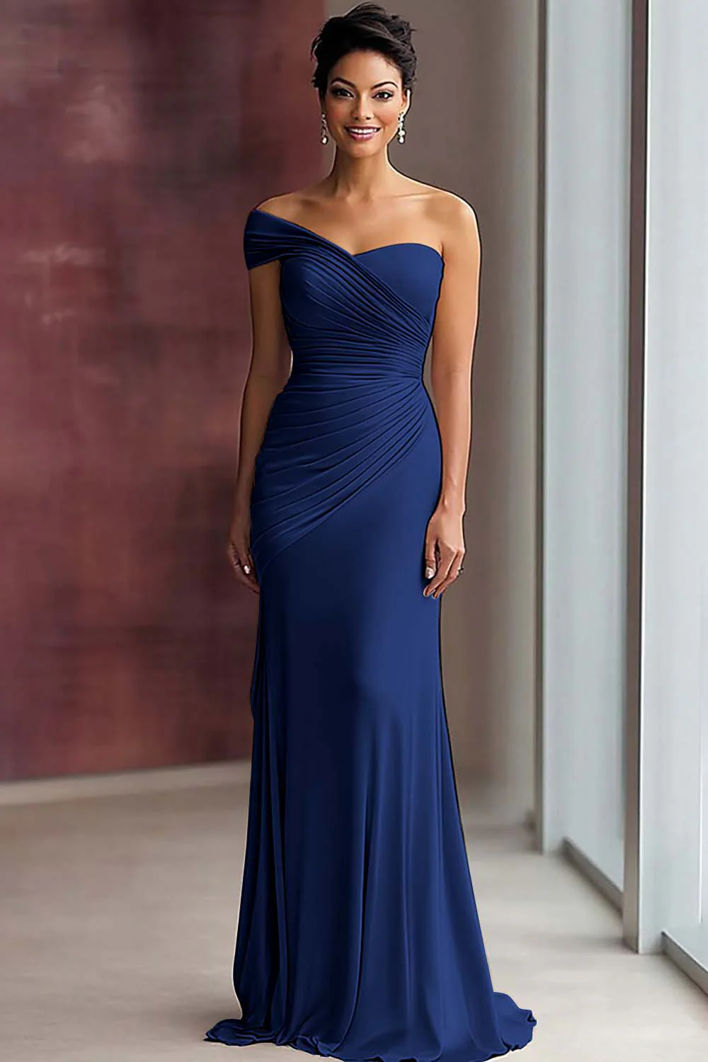 Light Khaki Mermaid Pleated One Shoulder Formal Dress - Image 12