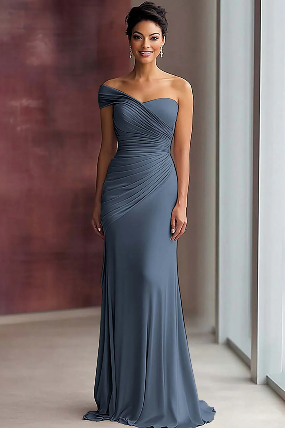 Light Khaki Mermaid Pleated One Shoulder Formal Dress - Image 13