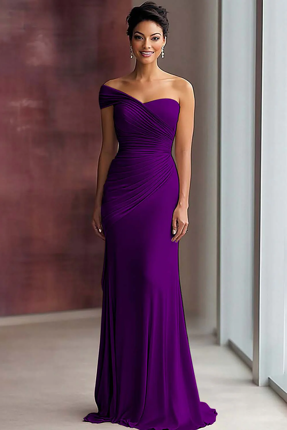 Light Khaki Mermaid Pleated One Shoulder Formal Dress - Image 15